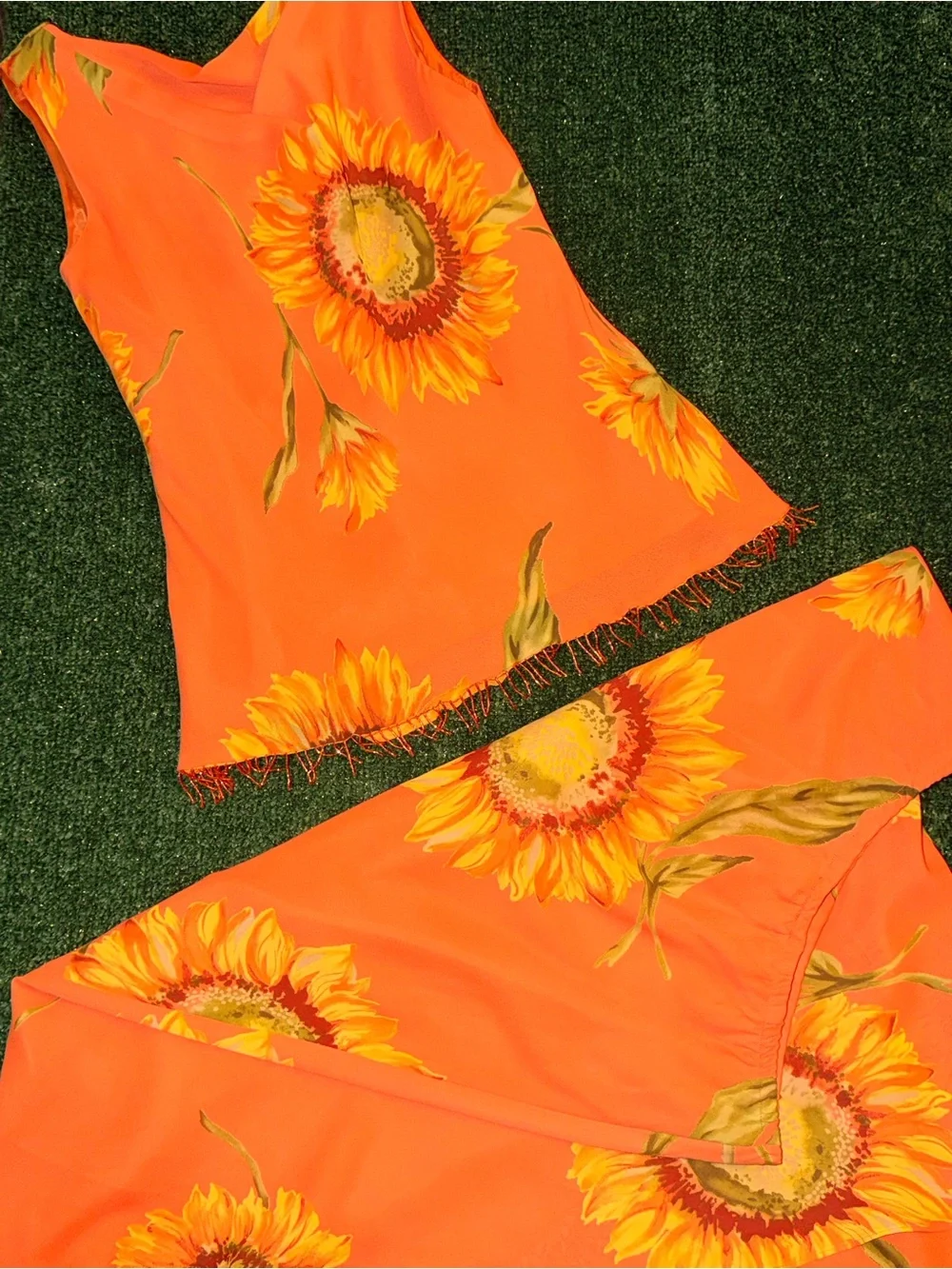 Vintage Donna Ricco Women’s 2pc Floral Top & Skirt Orange with Sunflower Size 12